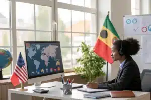 Jeune professionnel en visio-conférence dans un bureau moderne, avec des éléments multiculturels (drapeaux, cartes, globes) visibles.