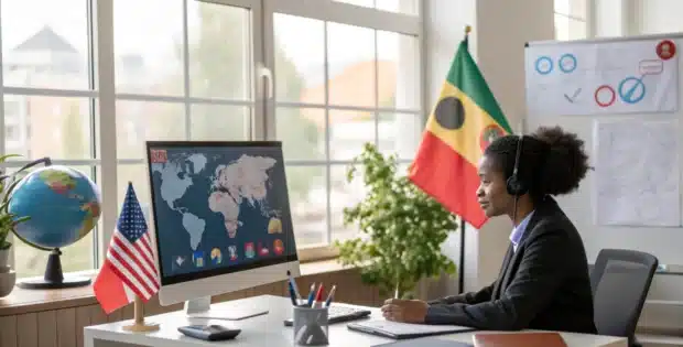 Jeune professionnel en visio-conférence dans un bureau moderne, avec des éléments multiculturels (drapeaux, cartes, globes) visibles.